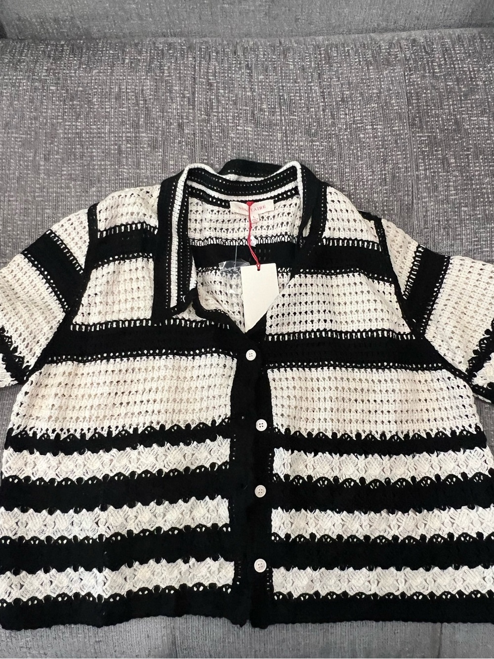 NWT Solitaire Striped Crochet Short Sleeve Sweater Polo Cardigan - Size L